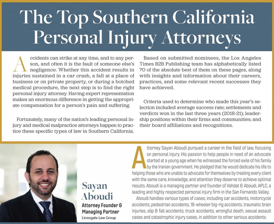 Sayan Aboudi, Esq. featured as a Top Southern California Personal Injury Attorney by the Los Angeles Times