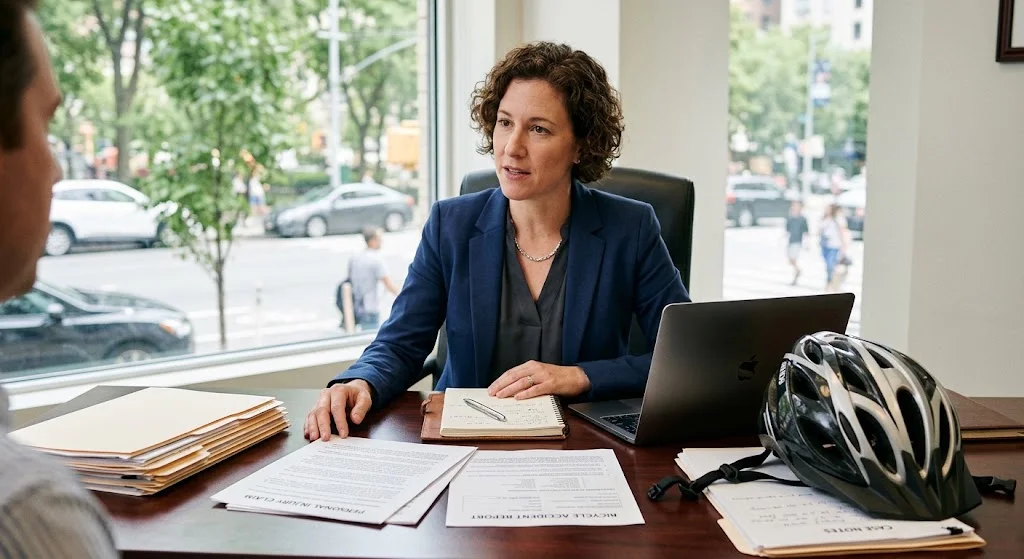 Bicycle accident lawyer discussing an injury claim