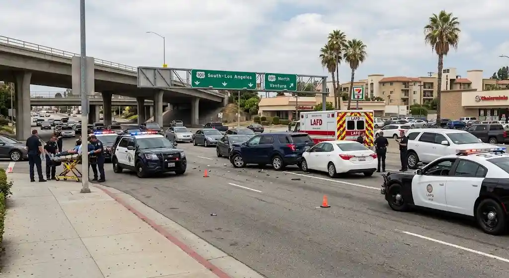 Car accident scene near the 101 Freeway in Sherman Oaks, California