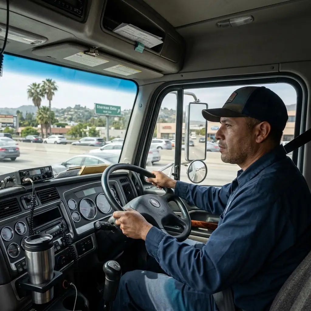 Commercial truck driver operating a semi-truck near Sherman Oaks.