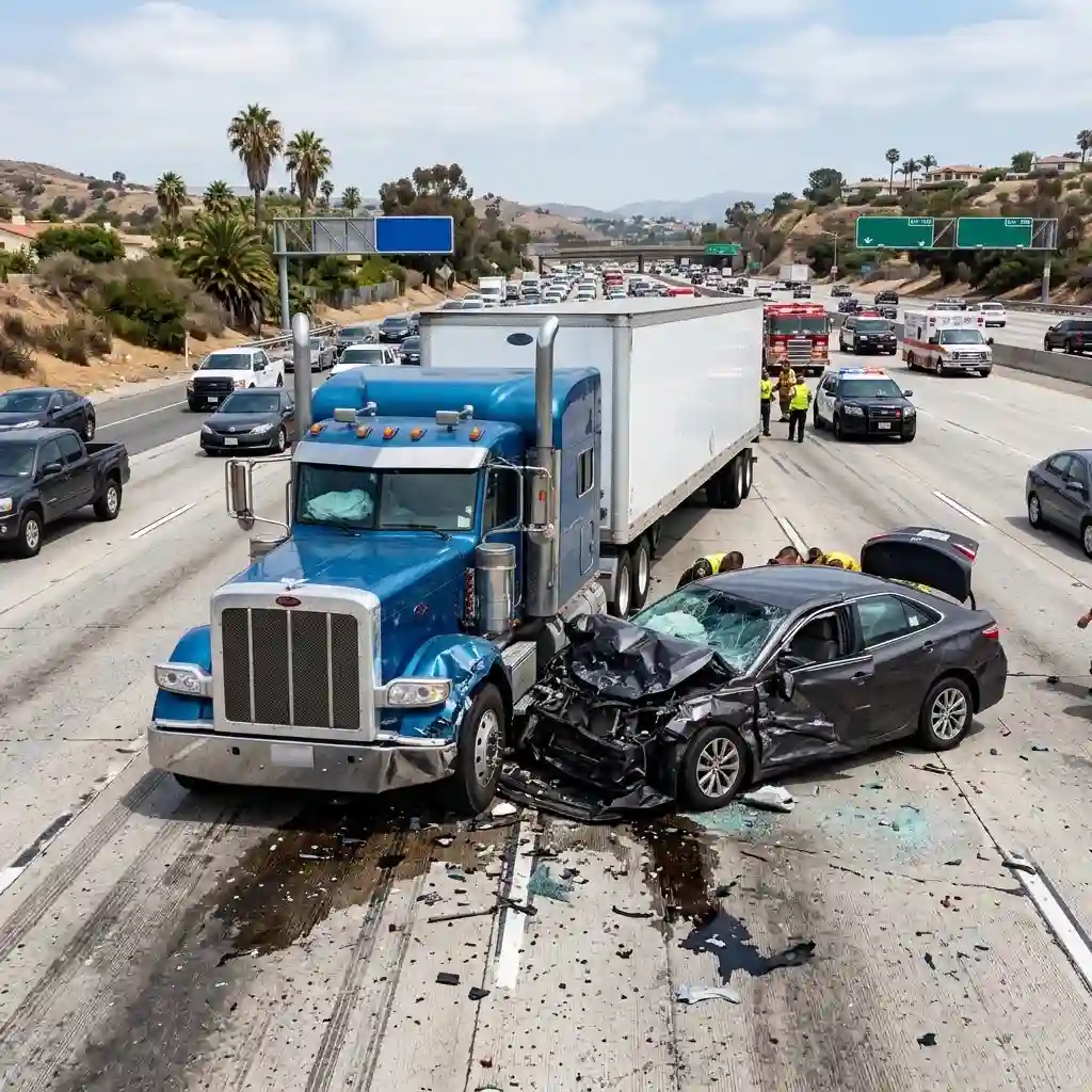 Head-on collision involving a commercial truck on a Los Angeles area road.