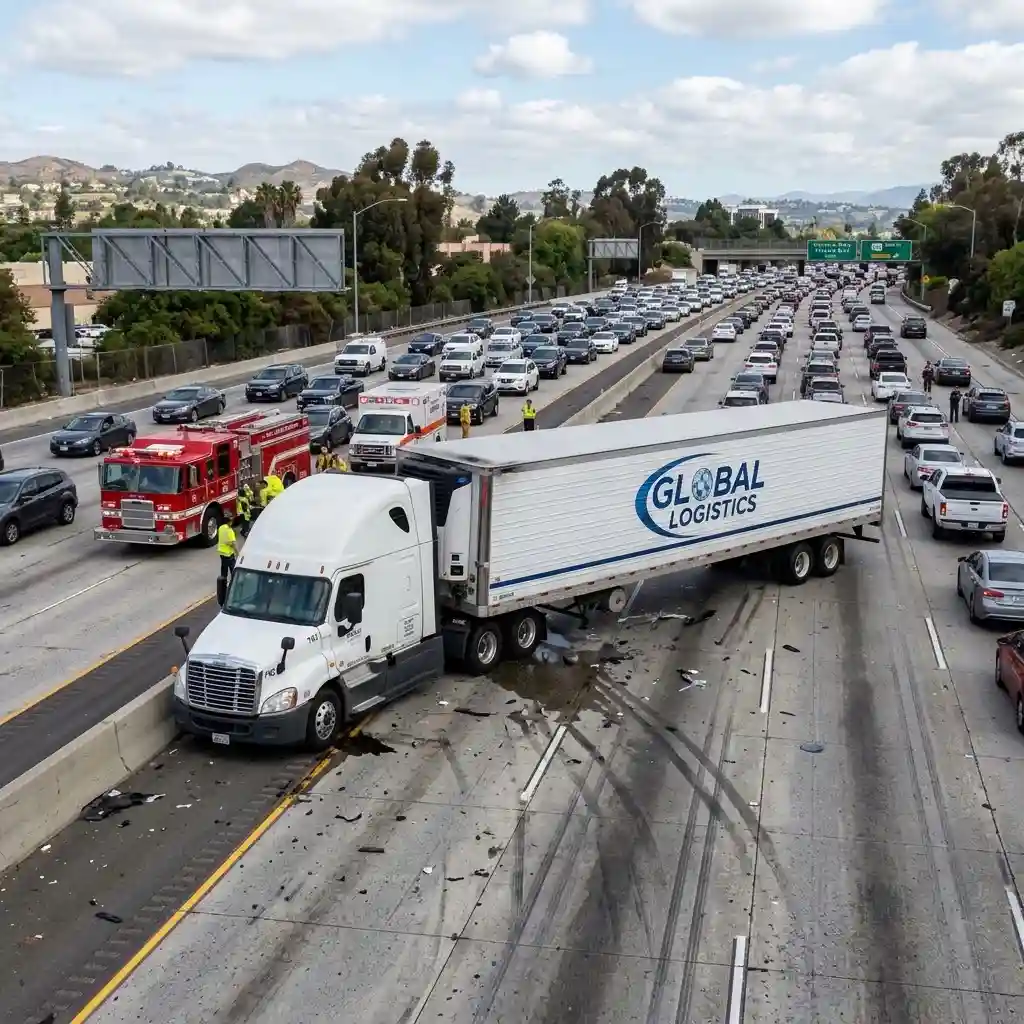 Jackknife accident involving a semi truck and trailer near Sherman Oaks.