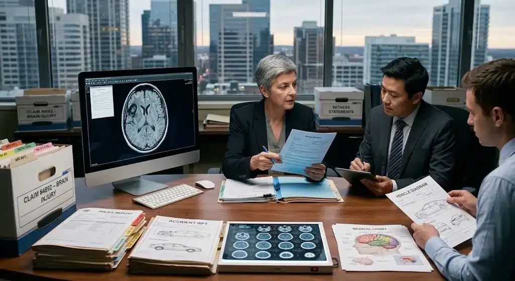 Sherman Oaks catastrophic injury attorney reviewing brain injury evidence