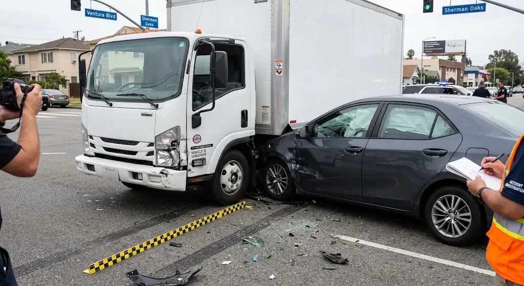 Truck accident evidence and vehicle damage documentation for a Sherman Oaks collision.