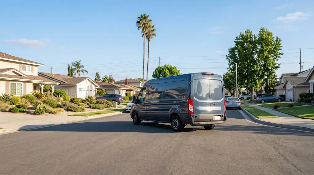 Amazon Flex delivery vehicle traveling through a California neighborhood.