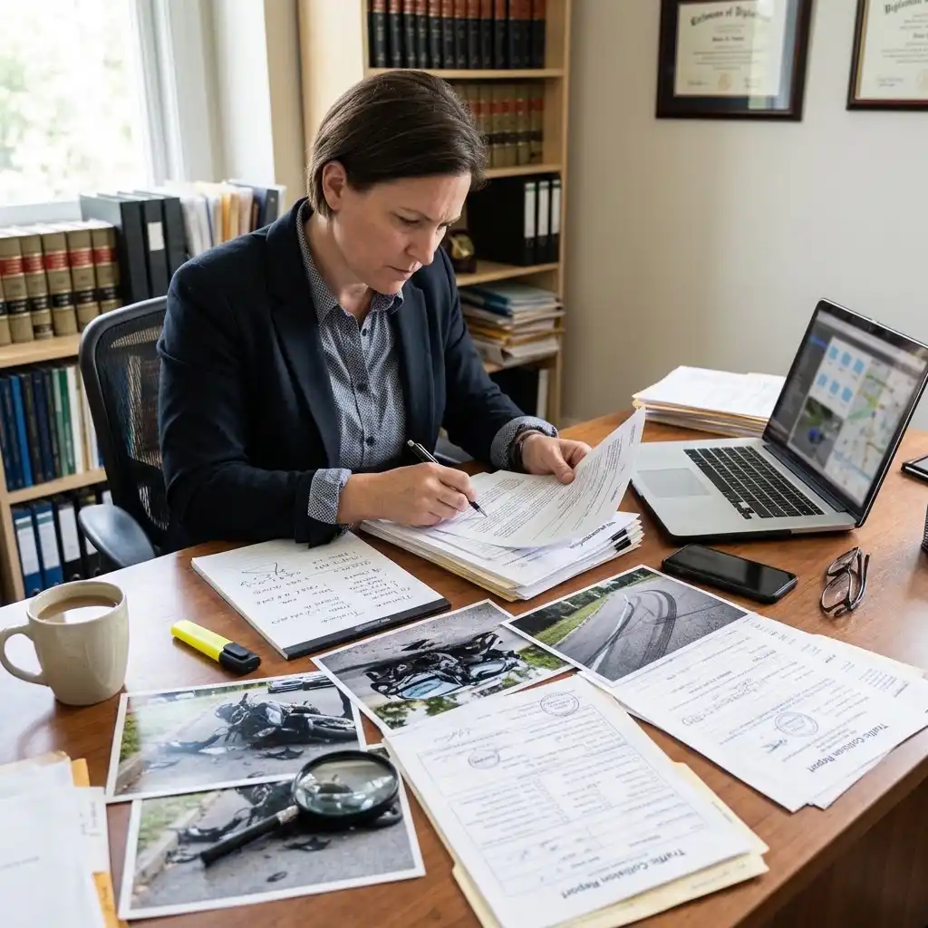 Attorney reviewing motorcycle accident evidence including photographs and police records