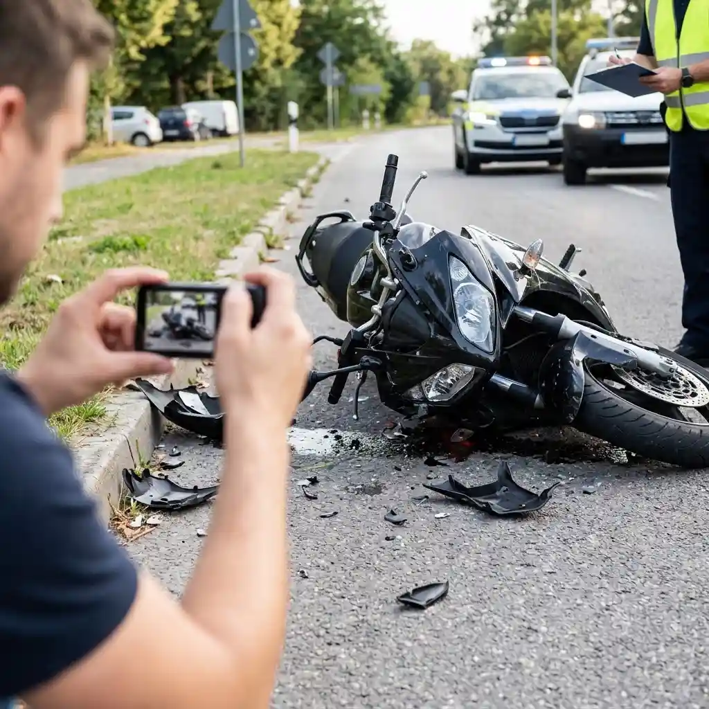 Damaged motorcycle and accident scene being photographed for insurance documentation