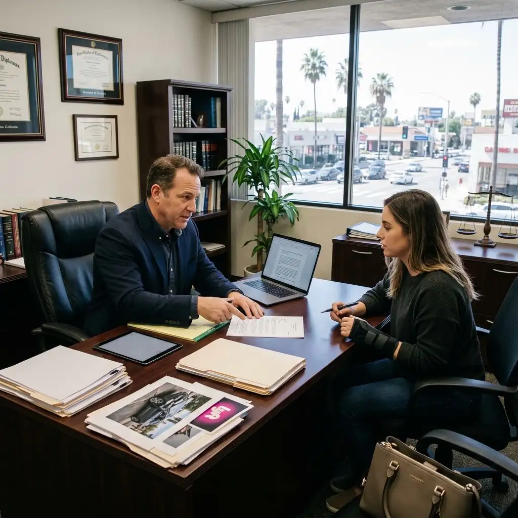 Lyft accident lawyer discussing a rideshare injury claim with a client in Sherman Oaks