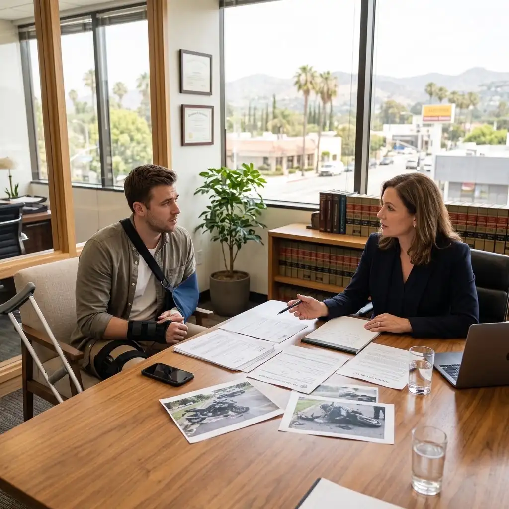 Motorcycle accident lawyer discussing accident documents with an injured client in Sherman Oaks