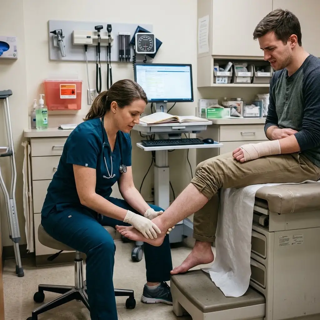 Patient receiving medical care for a wrist or ankle injury sustained in a slip and fall accident.