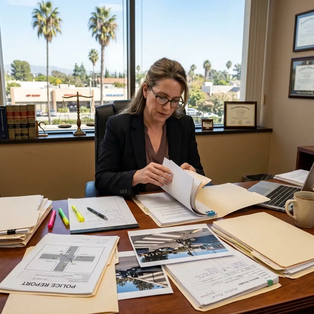 Pedestrian accident attorney reviewing police reports, medical records, and accident evidence for a Sherman Oaks injury claim.