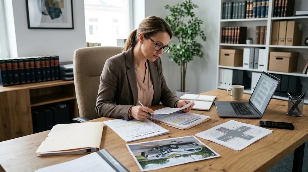 Personal injury attorney reviewing accident evidence and insurance documents for an Amazon Flex claim.