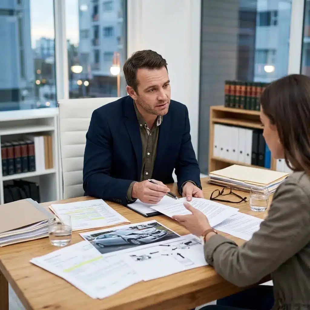 Personal injury attorney reviewing rideshare accident evidence and insurance documents with a client.