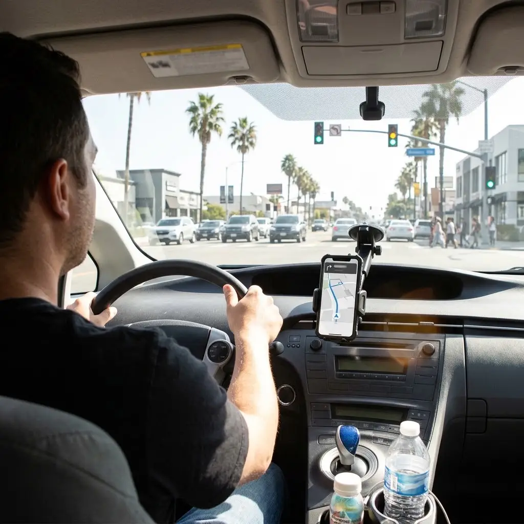 Rideshare driver using GPS while approaching a busy California intersection.