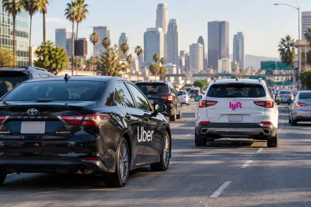 Uber and Lyft rideshare vehicles traveling through busy California city traffic